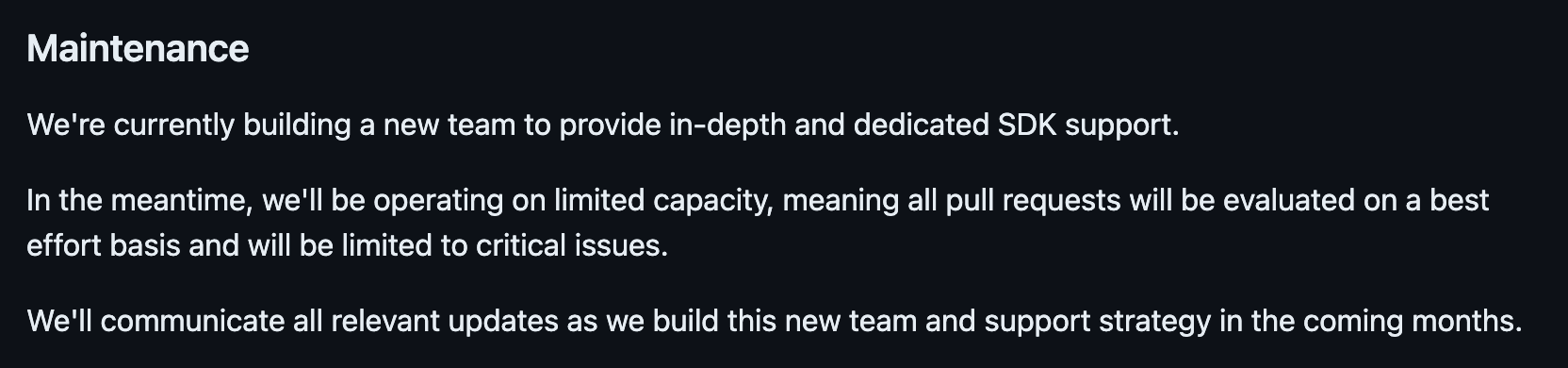 Real-world example of an SDK that's been placed in "maintenance mode"