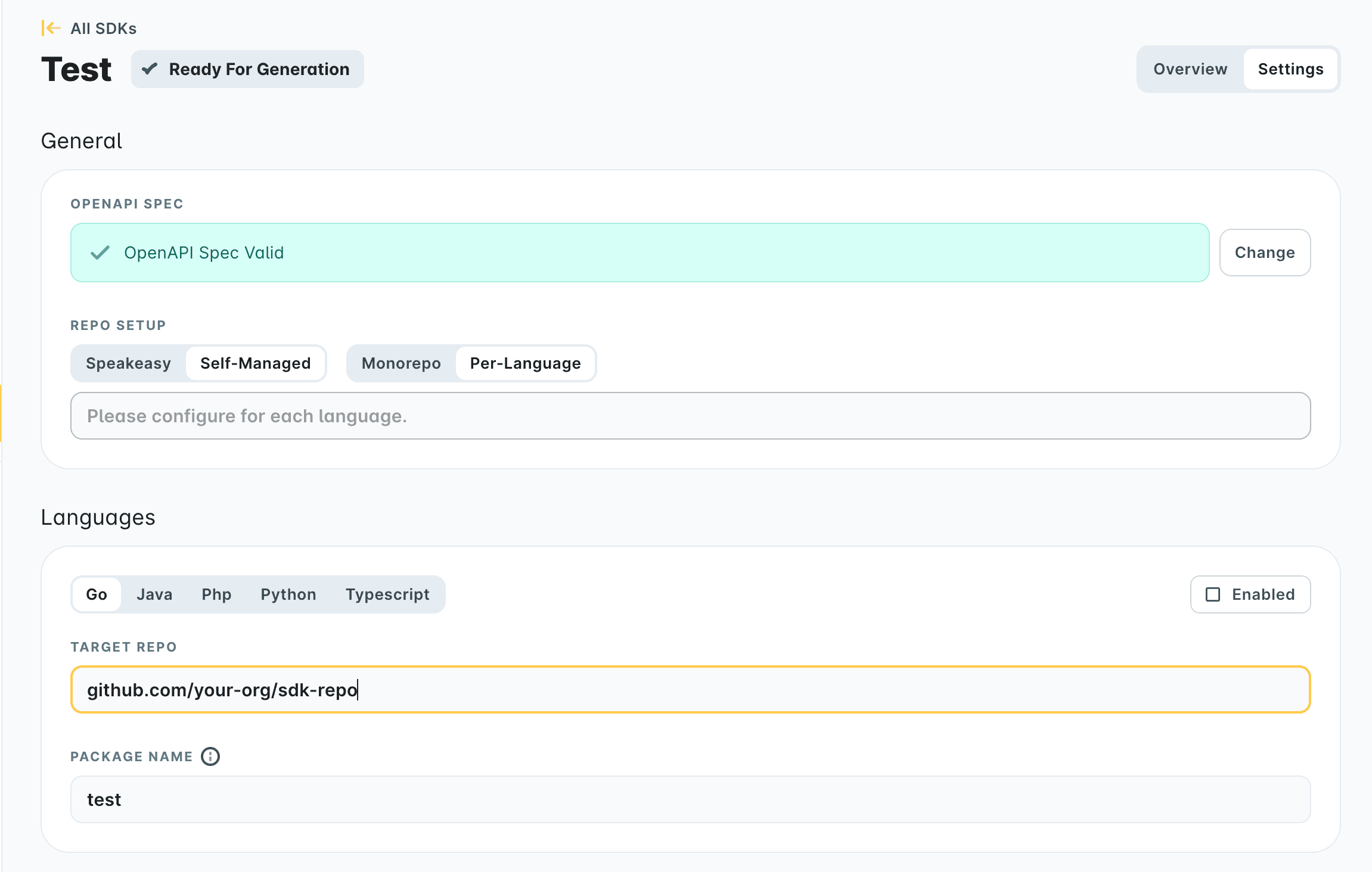 Settings for a self-managed SDK