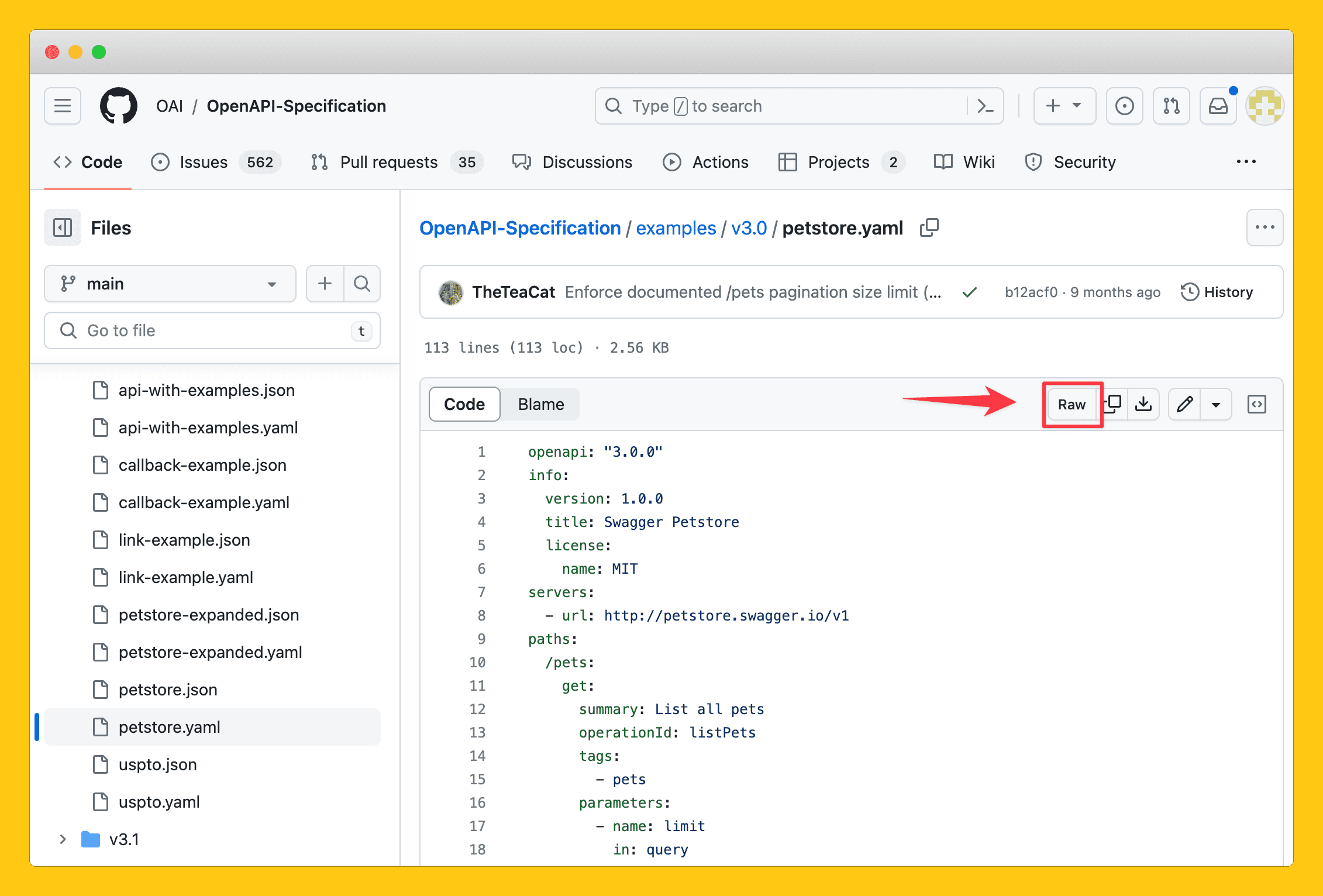 Click the raw button in GitHub