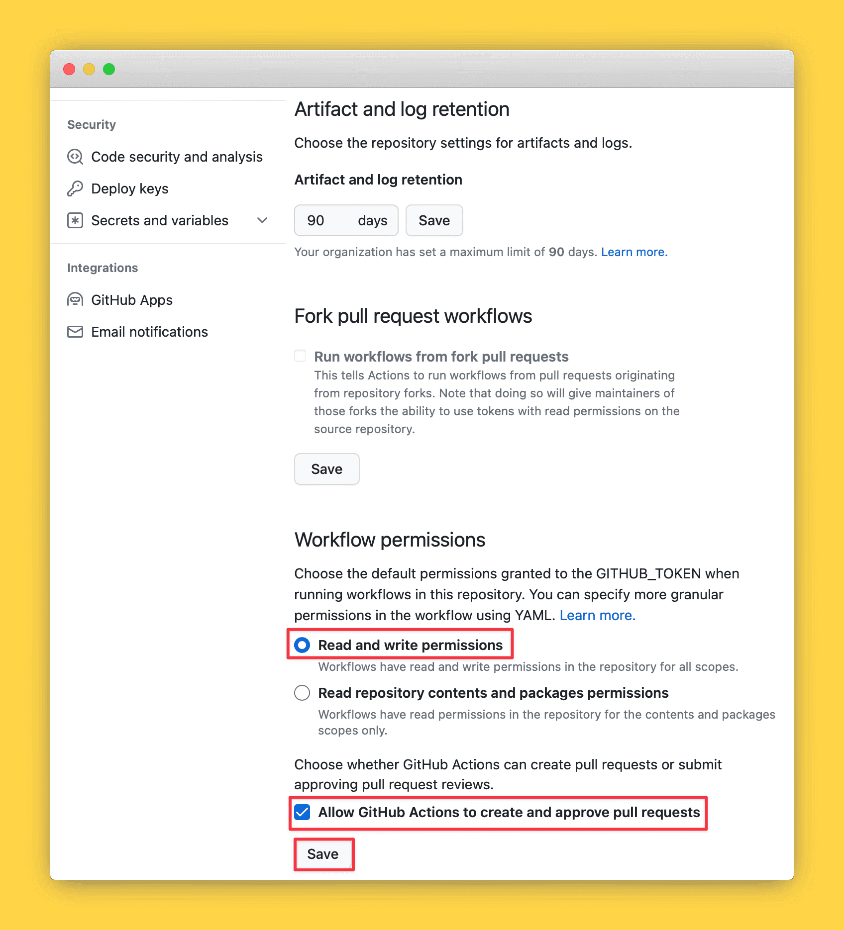 Configured settings in GitHub