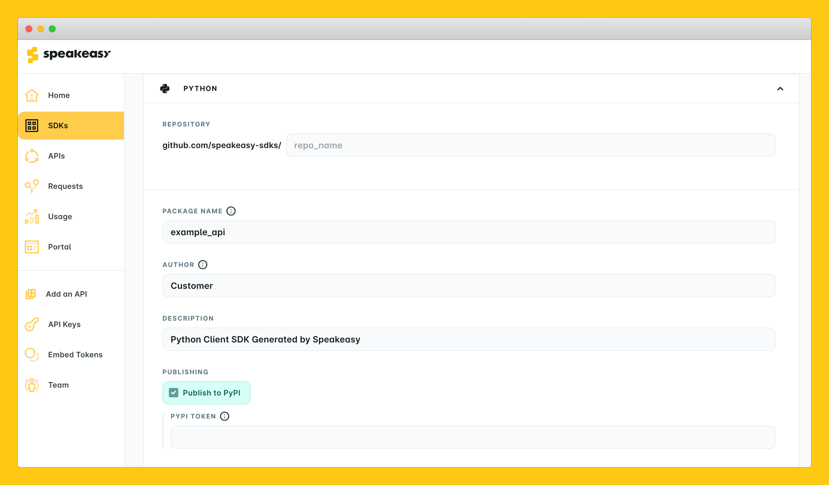 Setting form showing package publishing inputs