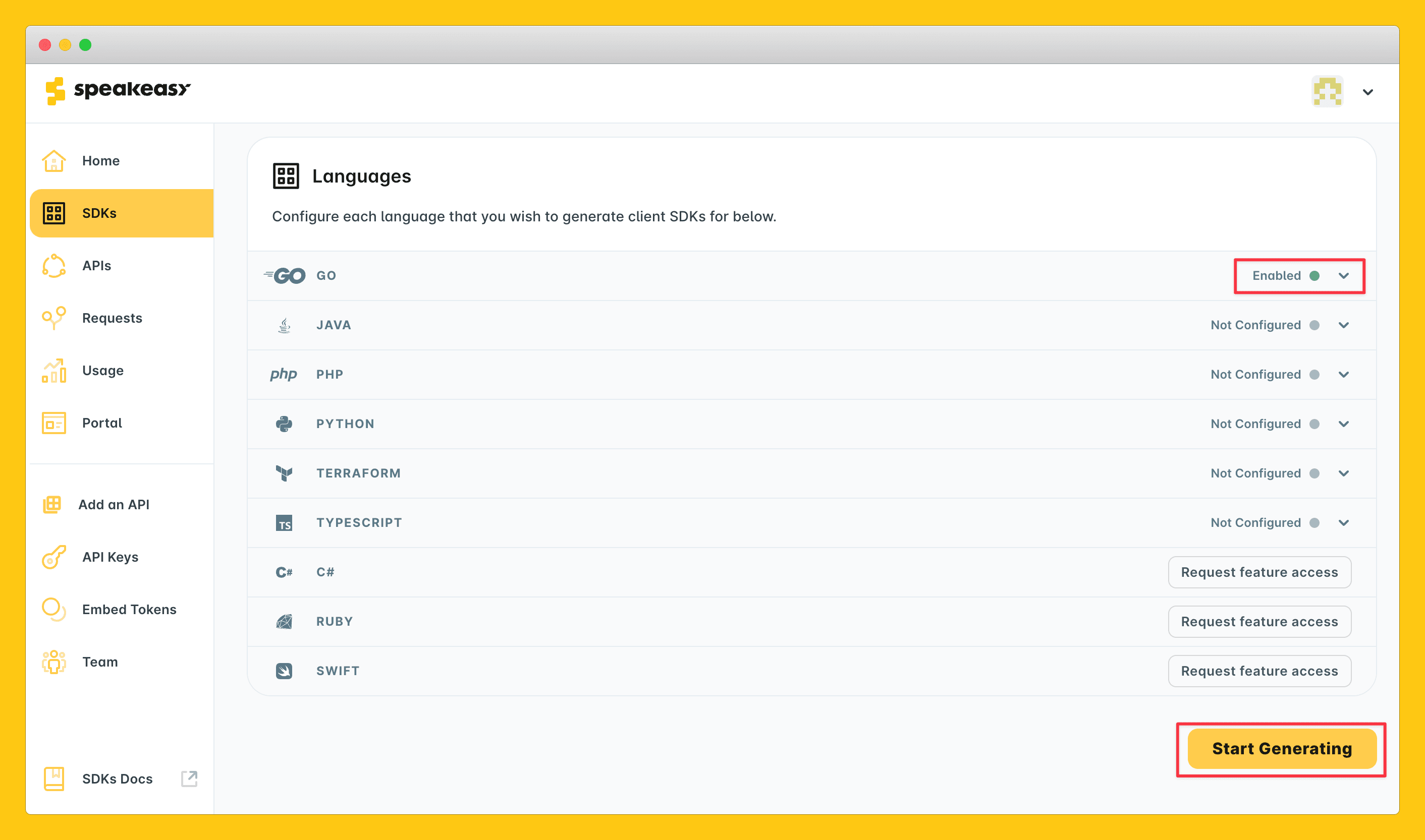 settings for a Speakeasy-managed SDK